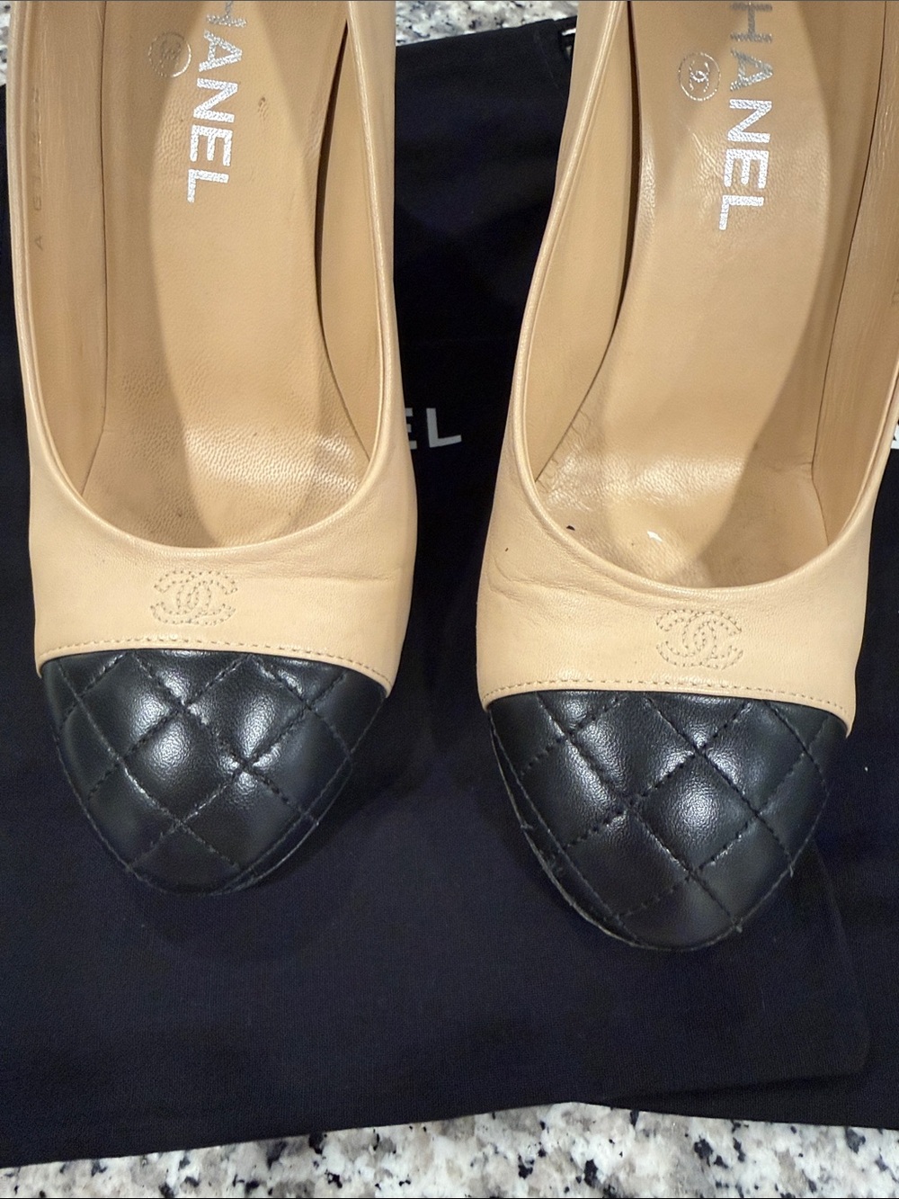 CHANEL Two-Tone Beige Leather Pumps with Black Quilted Cap Toe - Picture 5 of 15